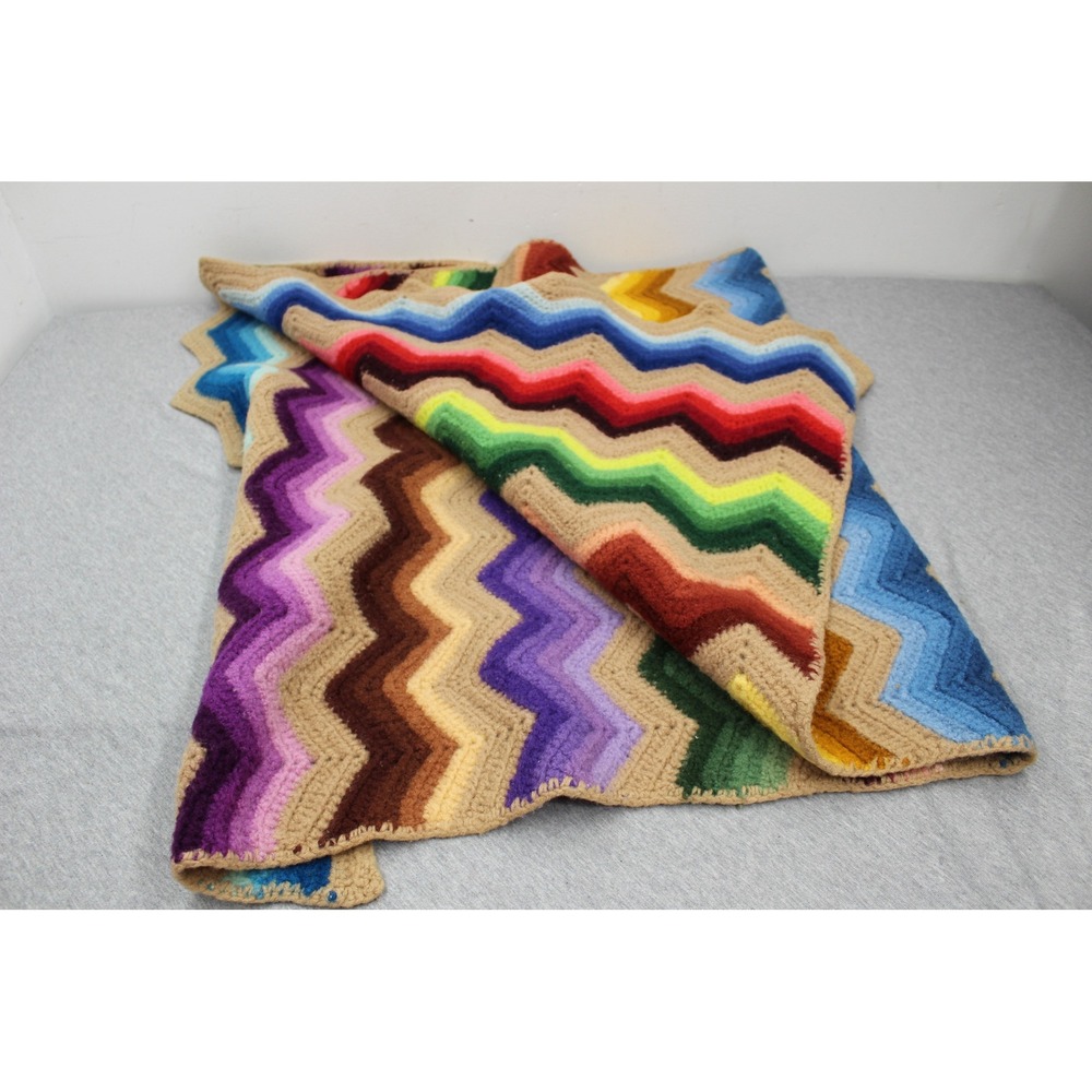 Handmade Blanket Aprox 56x27 Multicolor Chevron Ripple Crochet Afghan Throw Boho